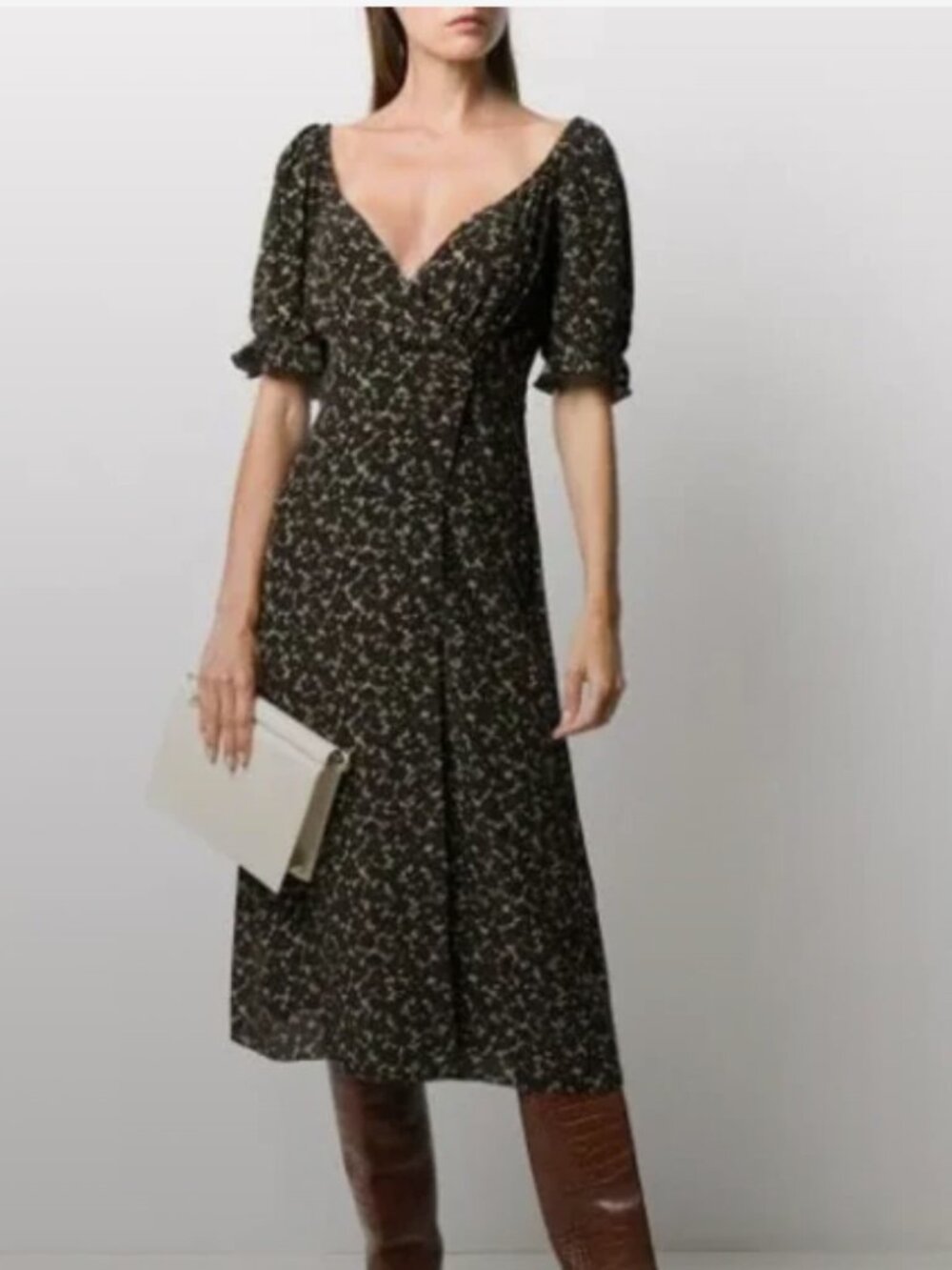 BA&SH Lady Printed Midi Dress Black Floral Puff Sleeve, Size 1 (S/4/6)